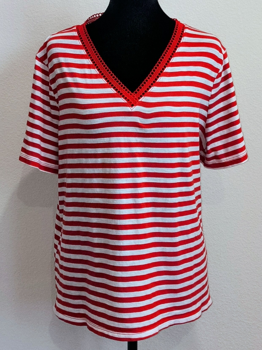 Cato Red and White Striped V-Neck Short Sleeve Top